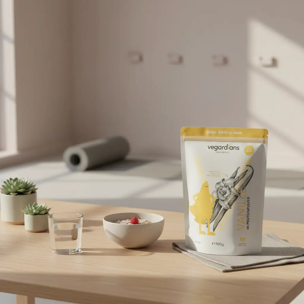 Ruhige Heimtrainingsszene mit Haferbrei, Wasserglas und pflanzlichem Shake auf Holztisch, unscharfe Matte im Hintergrund als Hinweis auf einfachste calisthenics übungen