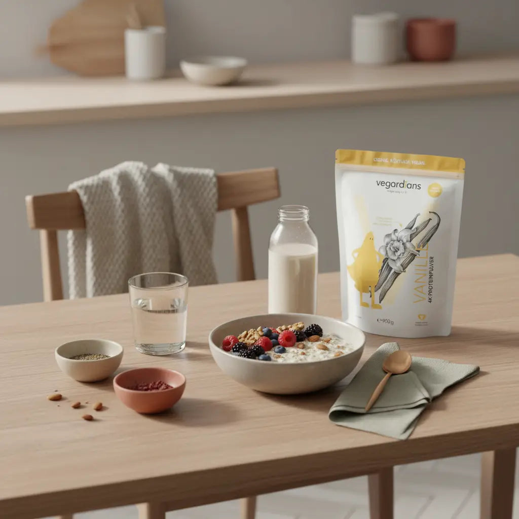 Minimalistisches Morgenfrühstück auf nachhaltigem Holztisch mit Haferbrei, Beeren, Nüssen, Shake und Glas Wasser – passend zur Einkaufsliste Abnehmen.