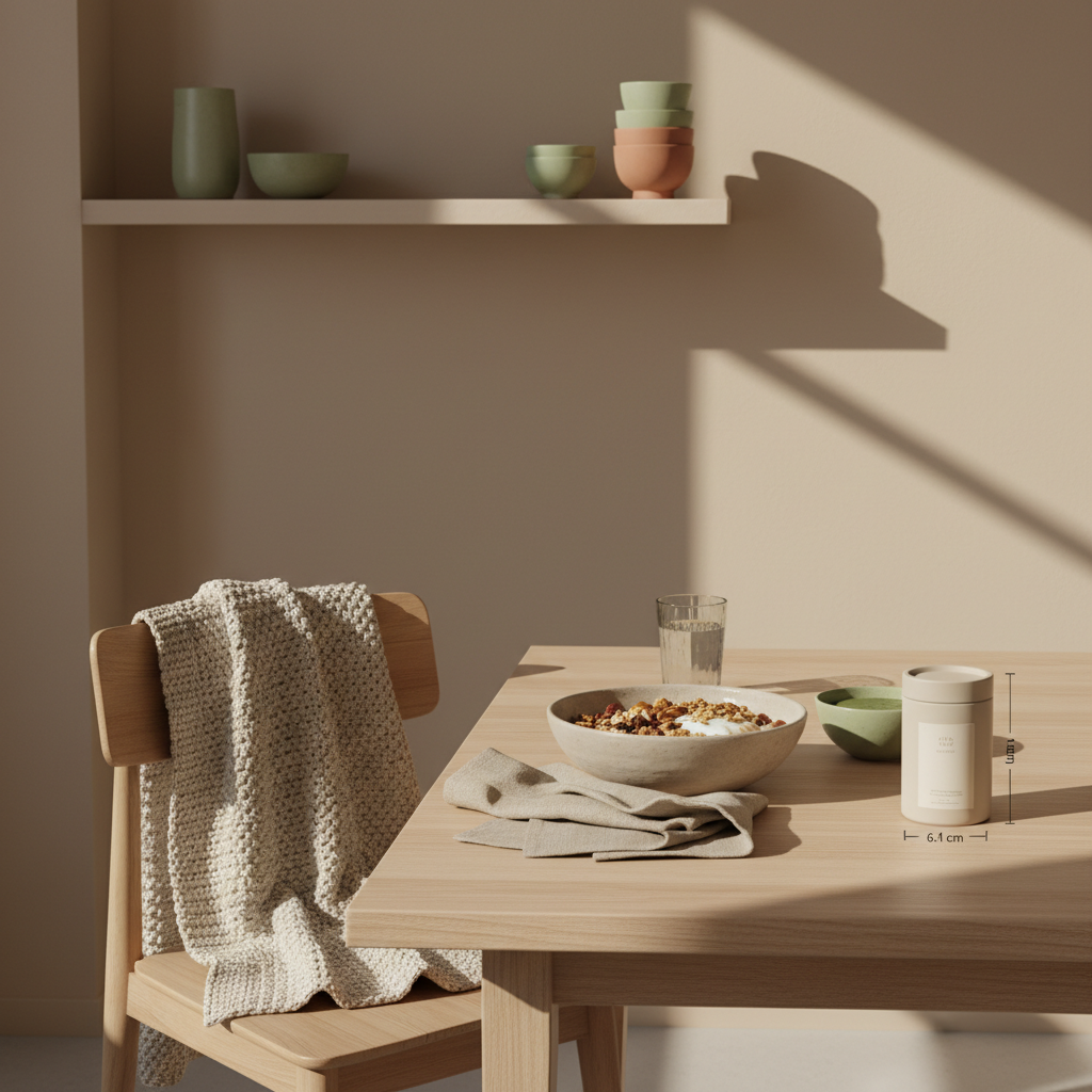 Ruhiges Morgenbild einer europäischen Küche mit veganer Granola-Schale, pflanzlichem Joghurt, Nüssen, klarem Wasserglas und dem Produkt auf dem Tisch – eisen vegan