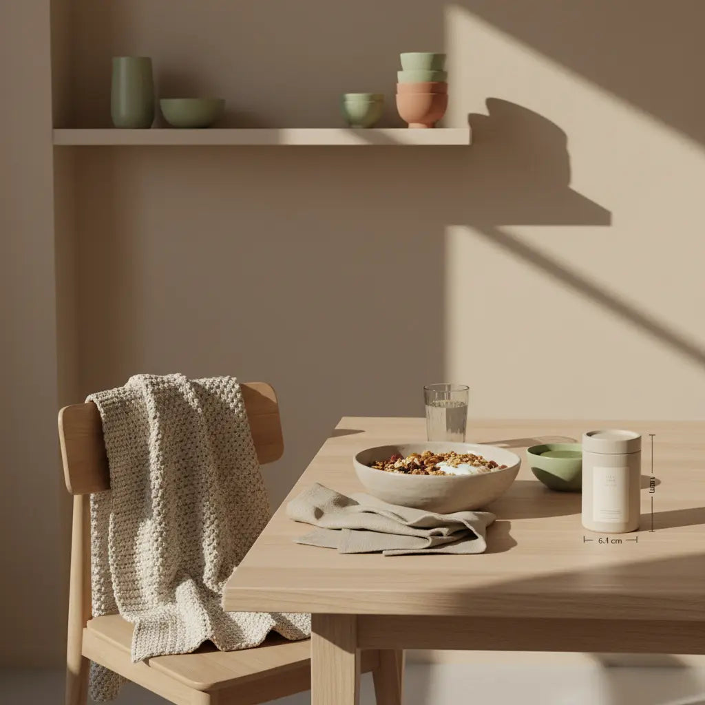 Ruhiges Morgenbild einer europäischen Küche mit veganer Granola-Schale, pflanzlichem Joghurt, Nüssen, klarem Wasserglas und dem Produkt auf dem Tisch – eisen vegan