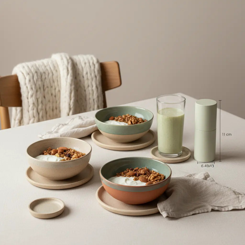 Veganes Frühstück mit Granola, pflanzlichem Joghurt, Nüssen und Shake auf nachhaltigem, minimalistischem Tisch in Beige- und Salbeitönen — Eisenmangel bei Vegetariern