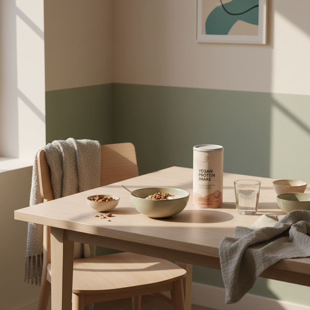 Minimalistisches Frühstück mit Haferporridge, Nüssen, Shake und Wasserglas in einer europäischen Küche – nachhaltiges Arrangement zum Eisenmangel vorbeugen.