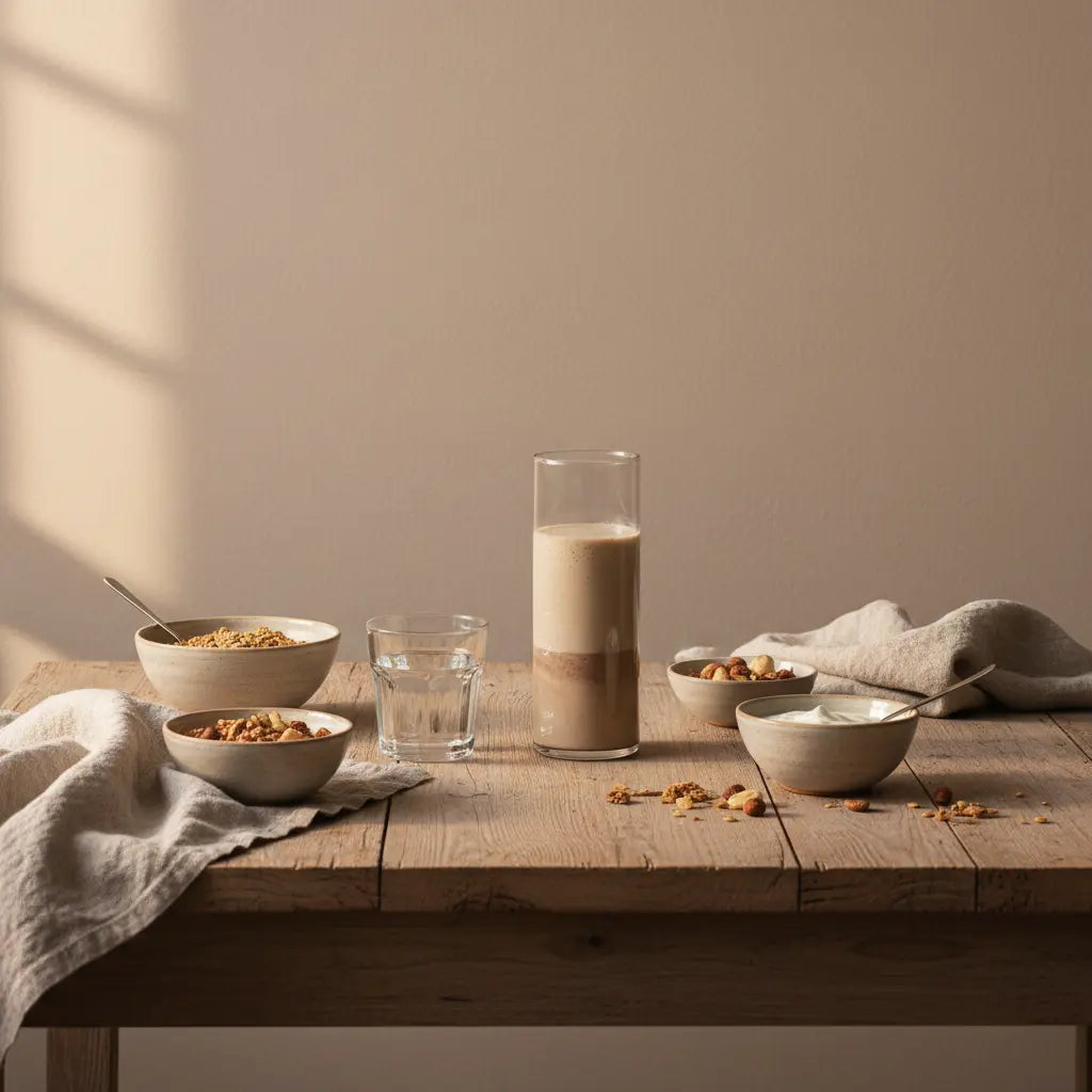 Minimalistisches Frühstück mit Granola, pflanzlichem Joghurt, Nüssen und Shake in europäischer Küche – nachhaltiges Setting für eiweiß ohne milchprodukte.