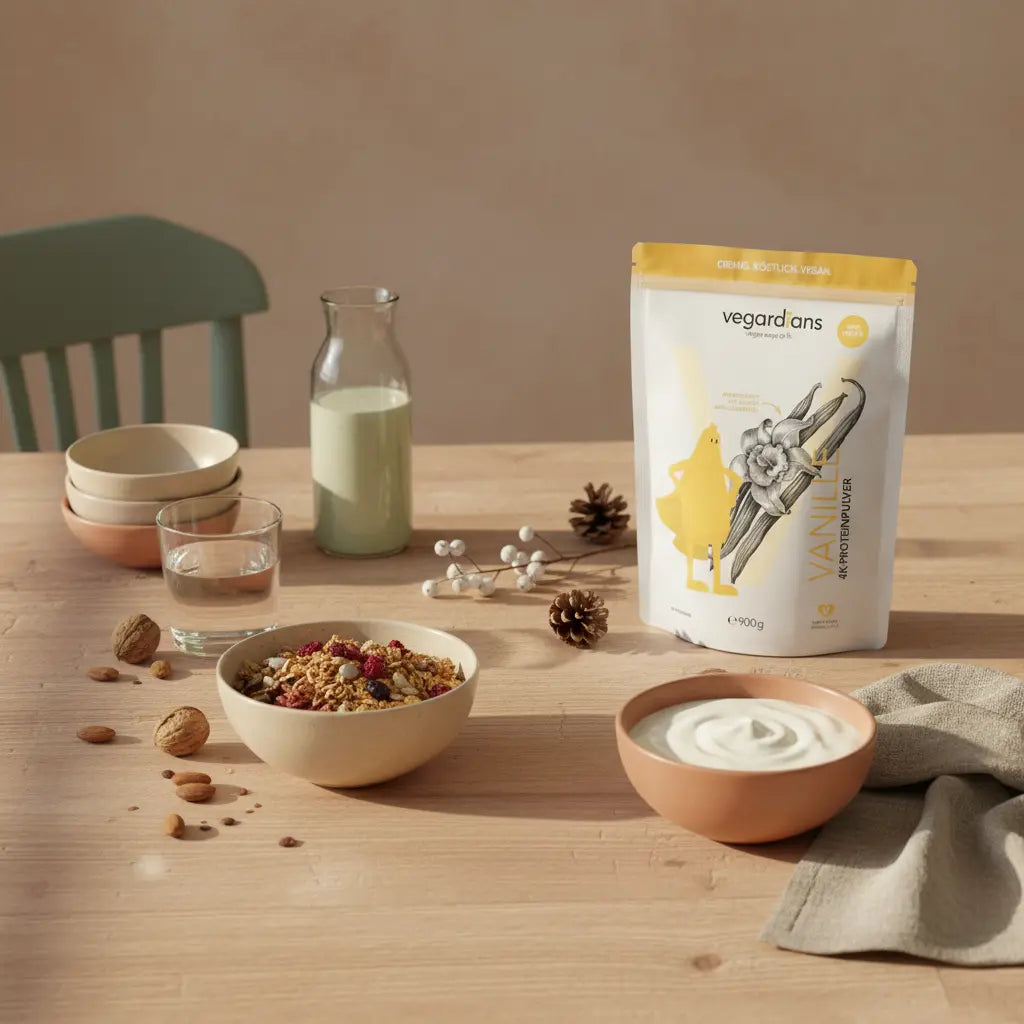 Minimalistisches veganes Frühstück auf Holztisch mit Müsli, Pflanzenjoghurt, Nüssen und Shake sowie Produkt auf dem Tisch – eiweiß zum abnehmen