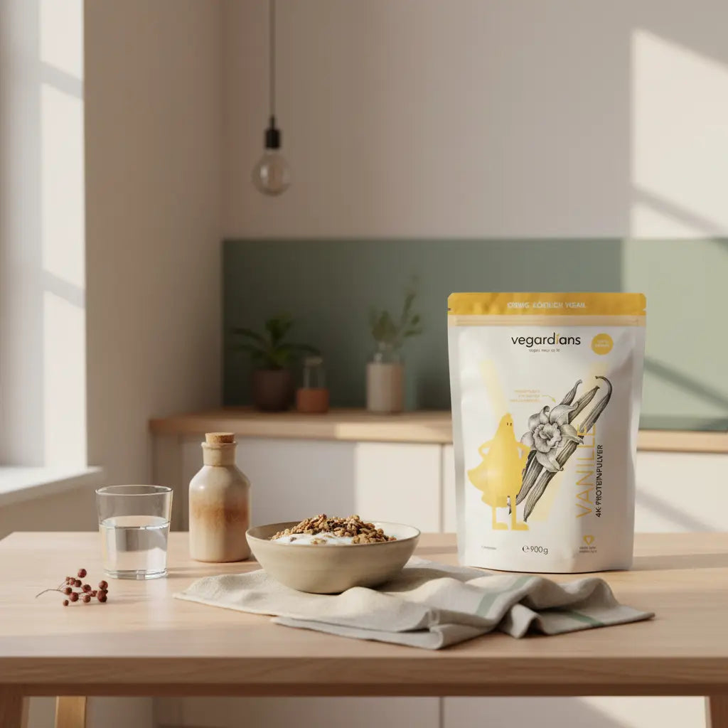 Minimalistische Morgenaufnahme einer europäischen Küche mit eiweißreichem Müsli (Hafer, Nüsse, Sojajoghurt), Glas Wasser und Keramikshake auf nachhaltigem Holztisch in warmen erdigen Farben.