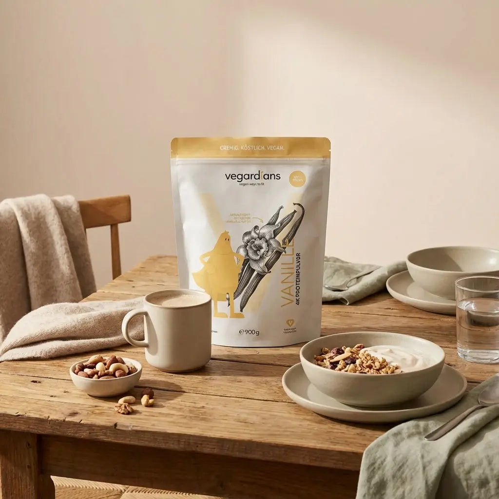 Minimalistische Frühstücksszene mit eiweißreiche lebensmittel: Müsli mit pflanzlichem Joghurt, Nüsse und Proteinshake auf nachhaltigem Holztisch im sanften Morgenlicht.