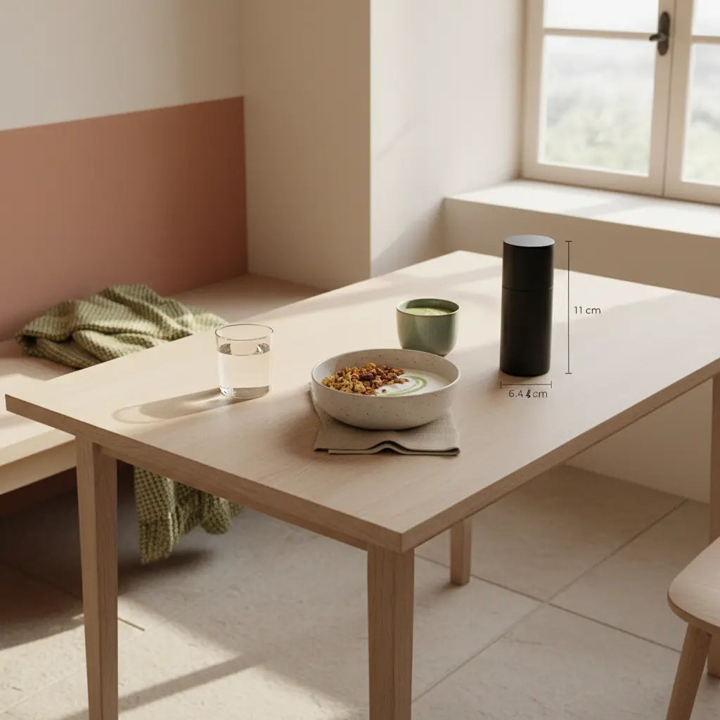 Minimalistisches veganes Frühstück mit Granola, Joghurt, Nüssen und Shake auf nachhaltigem Tisch vor #F7EDE6 Hintergrund; Produkt aus Referenzfotos, eiweißreiches Gemüse