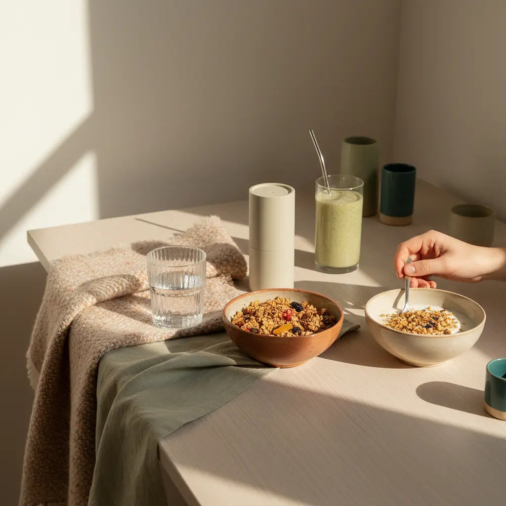 Veganes Frühstück in sanftem Morgenlicht mit Granola, Joghurt, Nüssen und Shake auf minimalistischem Tisch; Produkt aus Referenzfotos sichtbar; eiweißreiches Gemüse als Beilage.