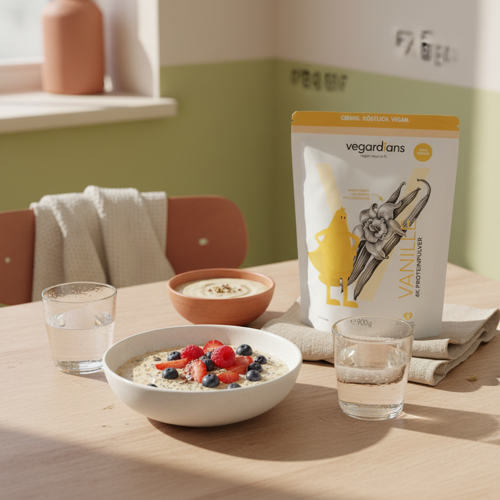 Minimalistische europäische Küche im Morgenlicht: nachhaltiger Holztisch mit Haferbrei, Glas Wasser und akkurat angerichteter Eiweißshakes in Keramikschale, ruhige vegane Szene.