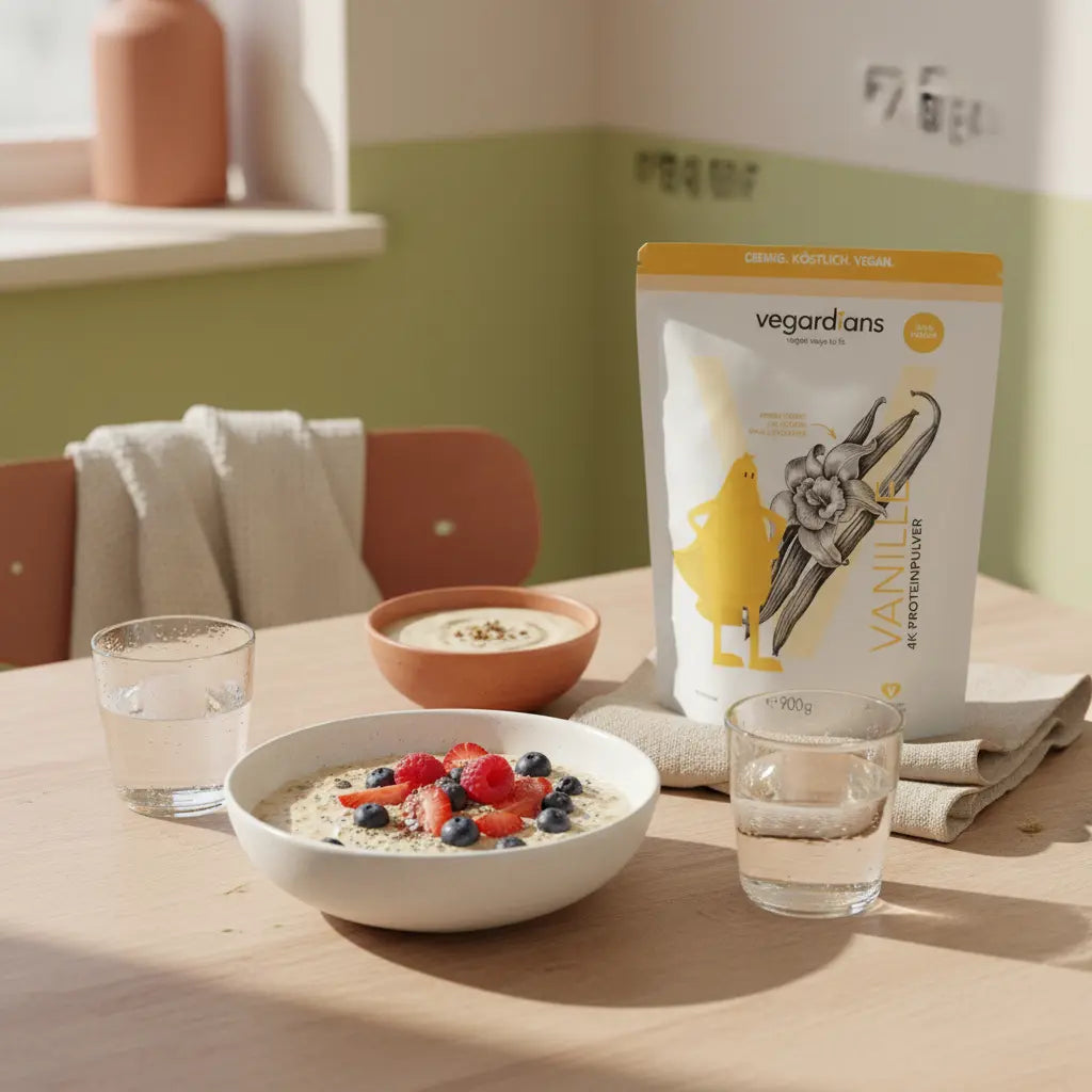 Minimalistische europäische Küche im Morgenlicht: nachhaltiger Holztisch mit Haferbrei, Glas Wasser und akkurat angerichteter Eiweißshakes in Keramikschale, ruhige vegane Szene.