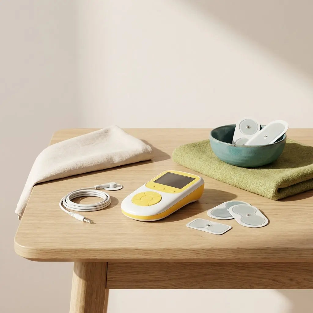 Fotorealistische Nahaufnahme eines EMS‑Geräts mit aufgerollten Elektroden und austauschbaren Pads auf hellem Holztisch in ruhiger Vegardians‑Ästhetik, elektrostimulation
