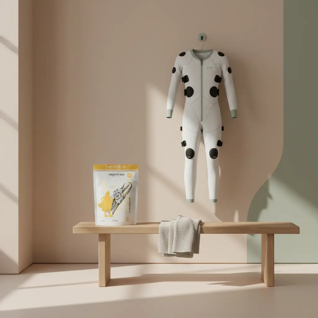 Fotorealistisches Bild eines aufgehängten Ganzkörper‑EMS‑Anzugs und Handtuchs auf einer Bank in hellem, minimalistischen Trainingsraum – EMS-Training im Fokus.