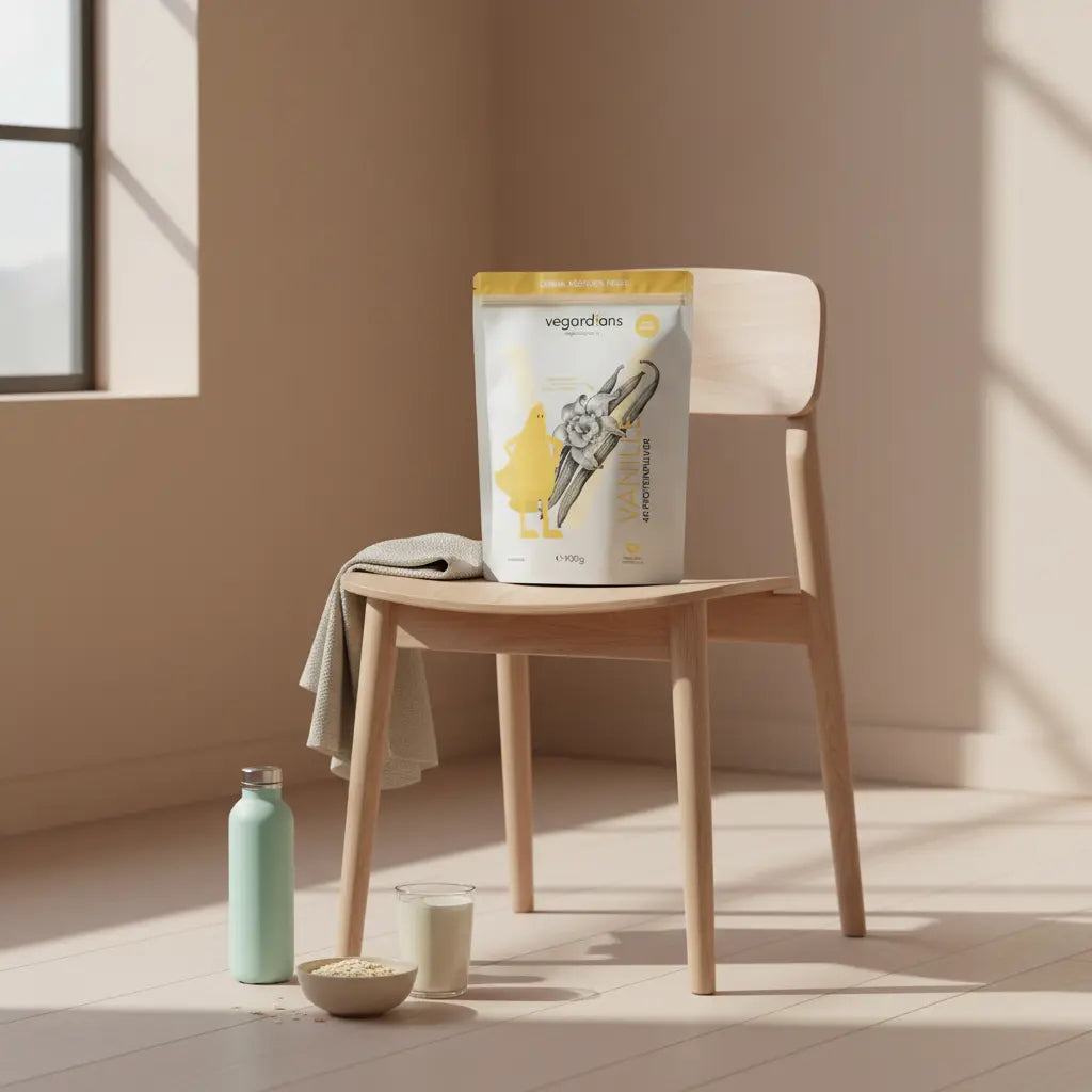 Aufgeräumter Trainingsraum mit WB‑EMS‑Anzug auf Stuhl, Handtuch, Trinkflasche und Schale mit Haferflocken und pflanzlichem Proteinshake im warmen Morgenlicht — EMS