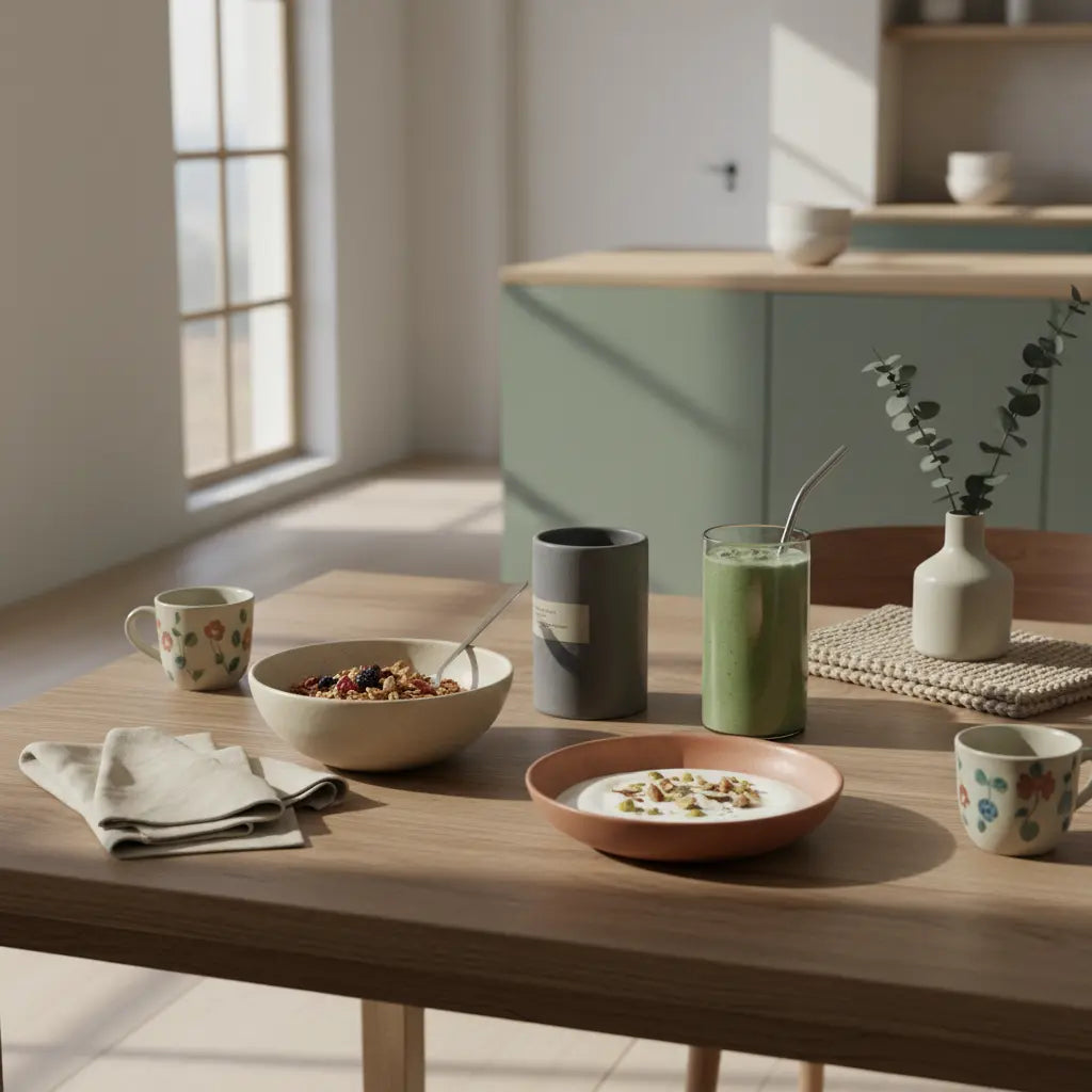 Minimalistisches Winterfrühstück mit veganem Granola, Joghurt, Nüssen und Shake auf nachhaltigem Tisch – Energie im Winter steigern durch nährende Morgenroutine.