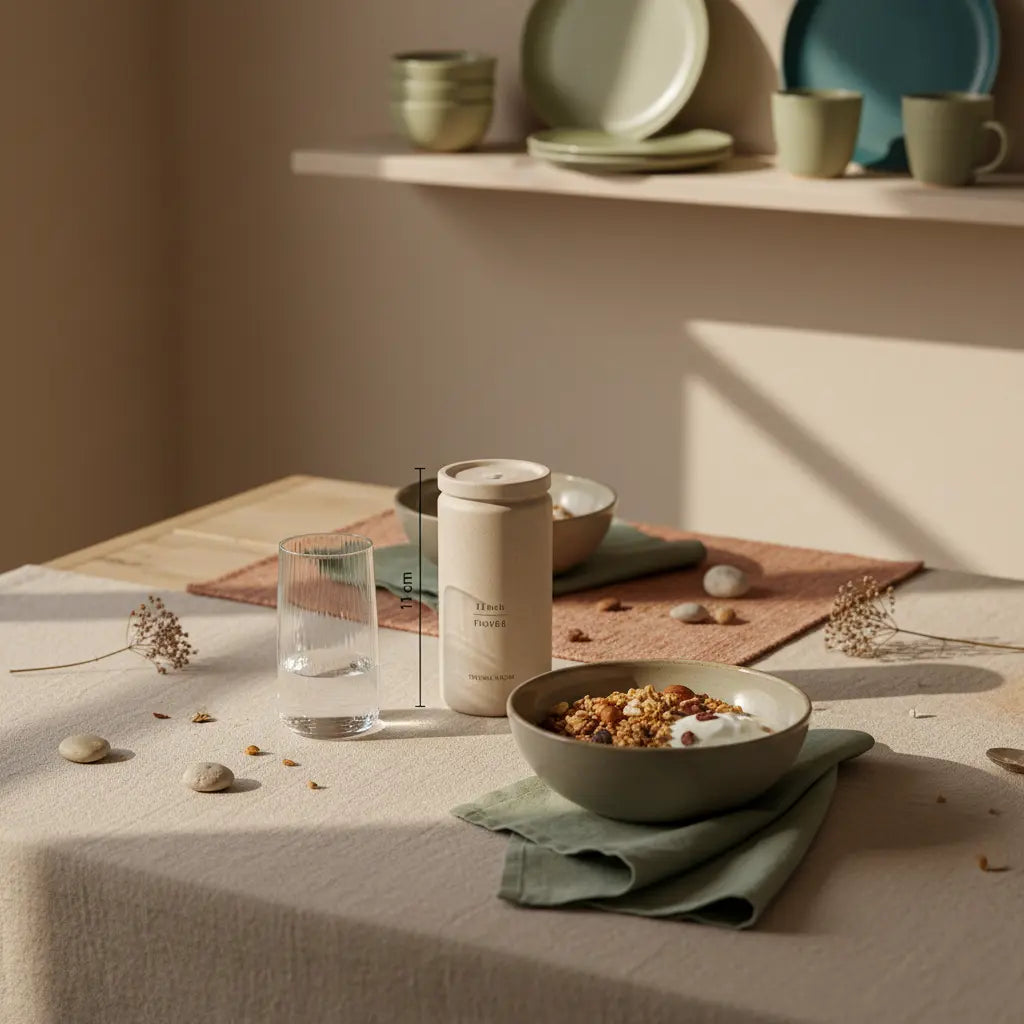 Minimalistischer Frühstückstisch mit veganem Granola, Joghurt, Nüssen und Shake — Energie vor dem Training in einer hellen, nachhaltigen Küche, Markenfarben integriert.