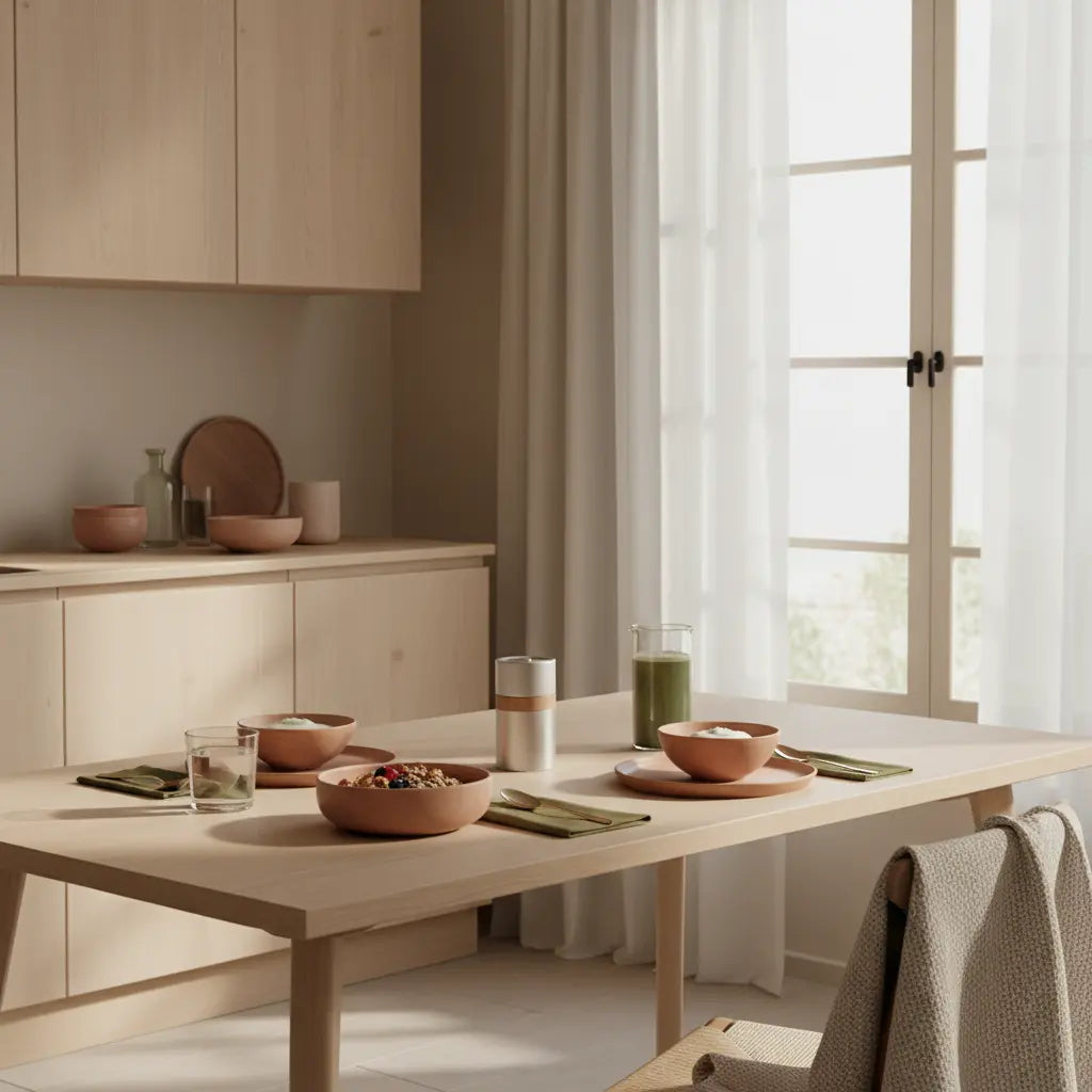 Energiebooster-Frühstück in ruhiger europäischer Küche mit Granola, pflanzlichem Joghurt, Nüssen und Shake auf minimalistischem Tisch