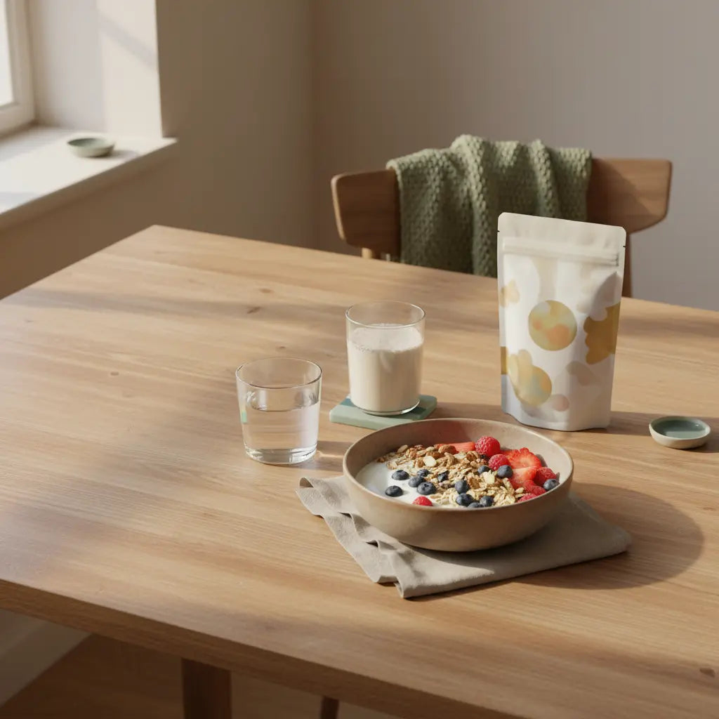 Minimalistische europäische Küchenszene mit veganem Müsli, Shake und Holztisch im Morgenlicht – Ernährung Wechseljahre abnehmen, ruhige und nährende Stimmung.