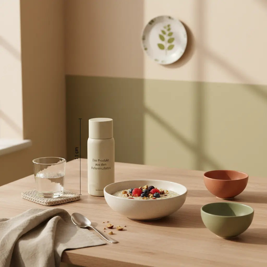 Veganes Frühstück mit Porridge, Nüssen, Beeren, Glas Wasser und Produkt auf nachhaltigem Holztisch im sanften Morgenlicht – Ernährung ab 50