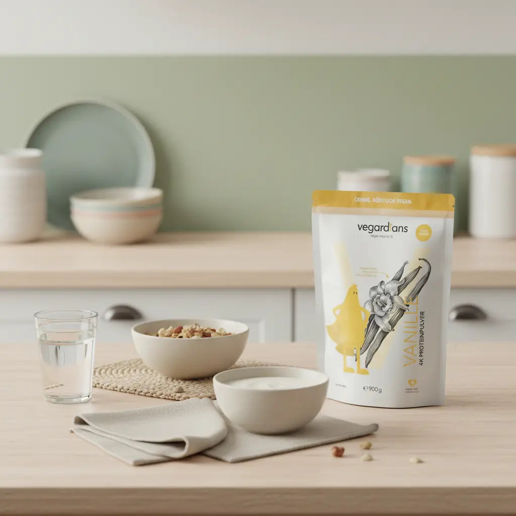 Minimalistische Morgen-Tischszene mit Holztisch, Müsli, pflanzlichem Joghurt, Nüssen und cremigem Protein-Shake – Ernährung fürs Fitnessstudio in ruhigen Beige-, Salbei- und Terrakotta-Tönen.