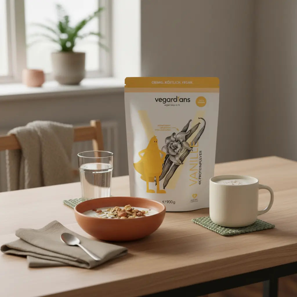 Minimalistische Morgen-Tischszene mit Müsli, Joghurt, Nüssen, Shake und Glas Wasser auf Holztisch, ruhige nährende Stimmung – passend zu Ernährungsplan für Hardgainer