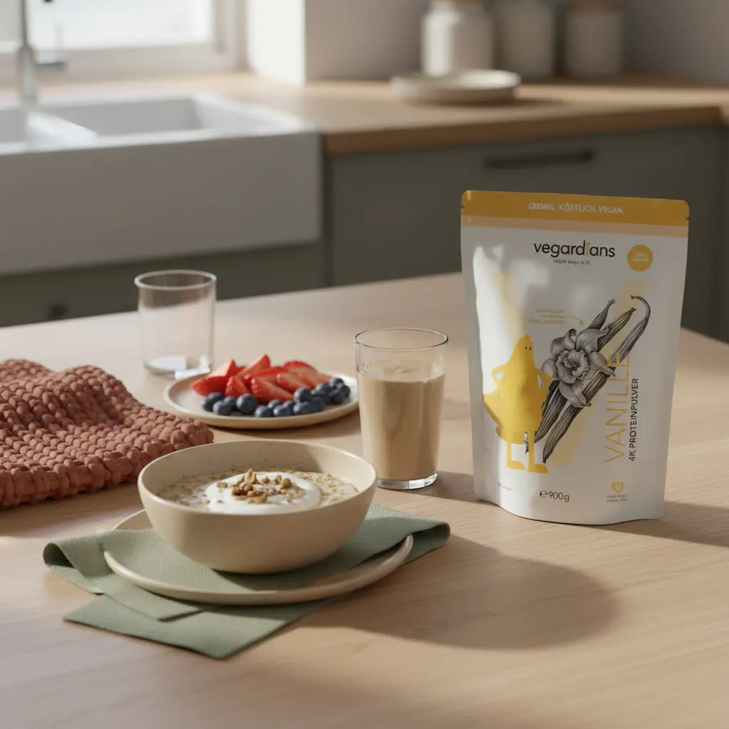 Veganer Frühstückstisch mit Haferflocken, pflanzlichem Joghurt, Nüssen und Proteinshake auf nachhaltigem Holztisch, dezente winterliche Akzente und sichtbares Produkt – ernährungsplan für sportler