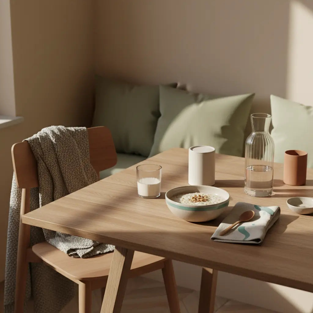 Minimalistische Küchenaufnahme im warmen Morgenlicht: nachhaltiger Holztisch mit proteinreichem Porridge, Glas Haferdrink, Wasserkaraffe und Holzlöffel — Ernährungsplan Muskelaufbau