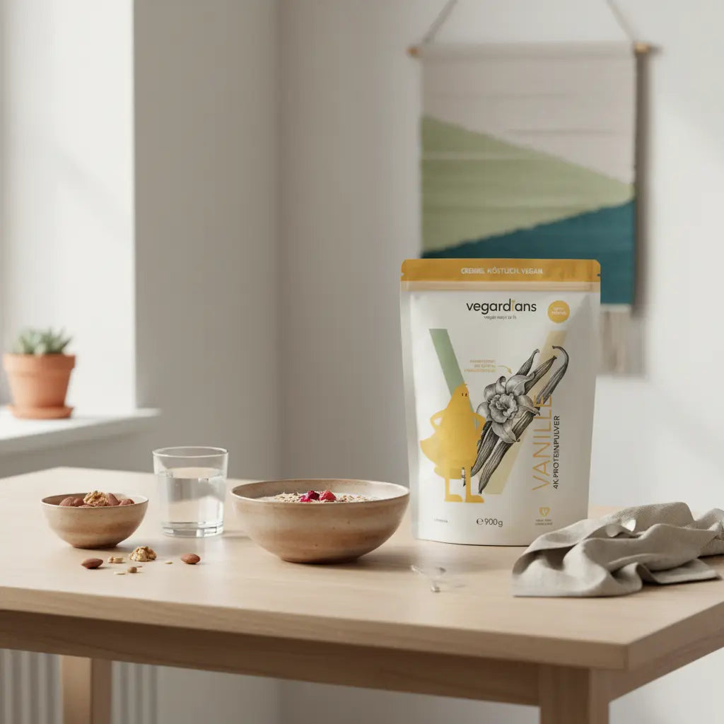 Minimalistische Küchenszene mit veganem Haferbrei, Nüssen und Glas Wasser auf Holztisch in sanftem Morgenlicht – Ernährungsplan