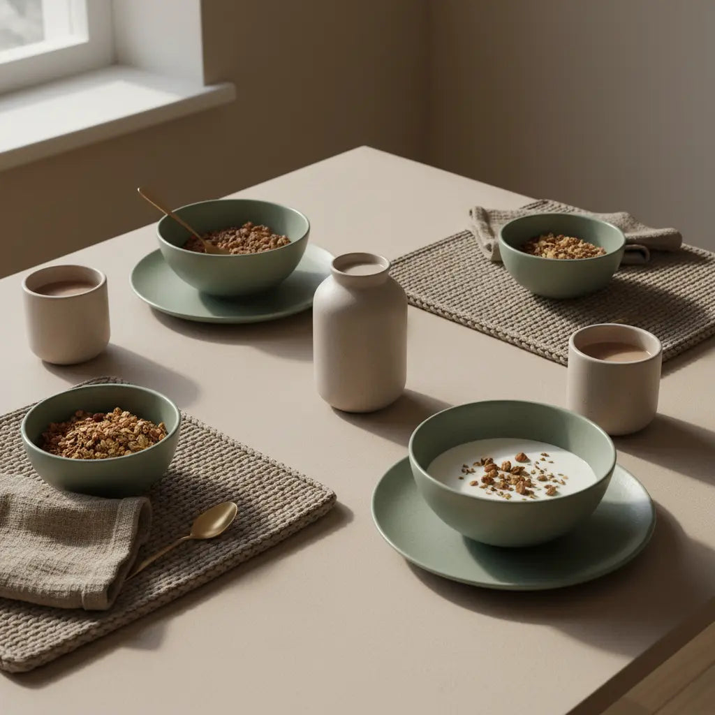 Minimalistische europäische Küchenszene mit veganem Frühstück (Granola, Pflanzenjoghurt, Nüsse, Shake) auf nachhaltigem Tisch — Ersatz für Zucker im Keksteig