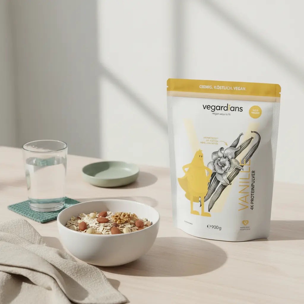 Minimalistisches Frühstück mit Müsli, Glas Wasser und veganem Shake neben dem Produkt aus den Referenzfotos auf nachhaltigem Tisch im Morgenlicht — erstattung fitnessstudio krankenkasse