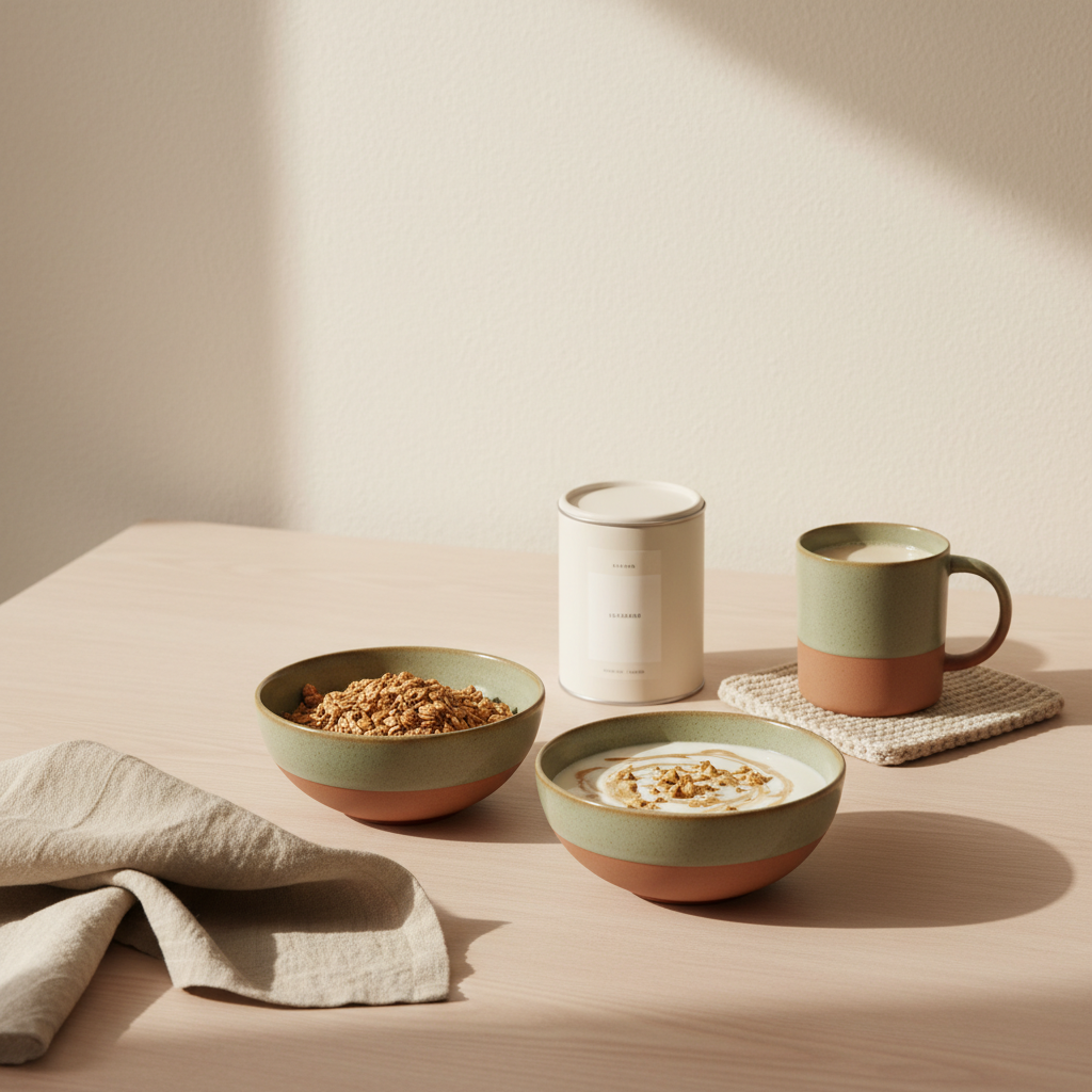 Minimalistisches Frühstück mit Granola, veganem Joghurt, Nüssen und Shake in einer europäischen Küche bei Morgenlicht, nährend und ruhig, extrem viel Eisen