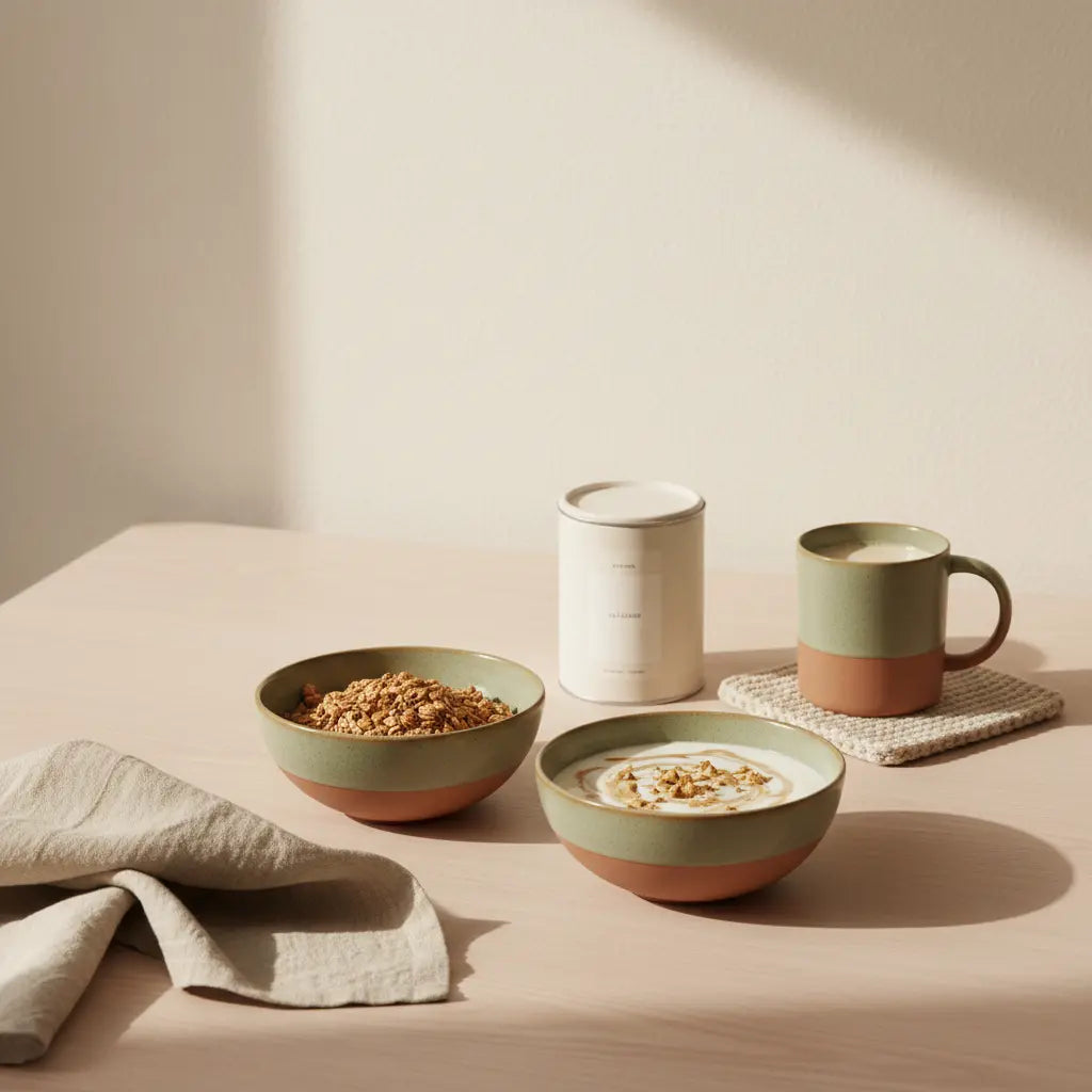 Minimalistisches Frühstück mit Granola, veganem Joghurt, Nüssen und Shake in einer europäischen Küche bei Morgenlicht, nährend und ruhig, extrem viel Eisen