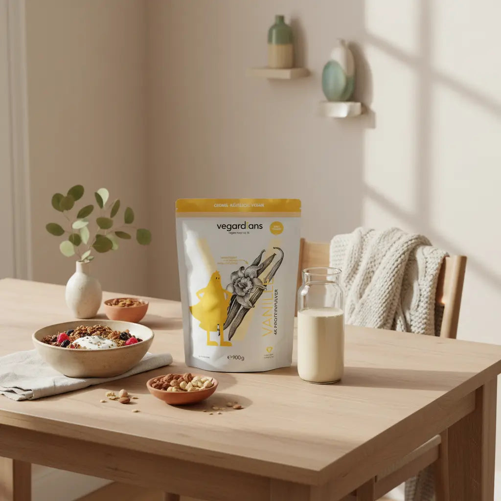 Minimalistisches veganes Frühstück auf nachhaltigem Holztisch im Morgenlicht mit Müsli, pflanzlichem Joghurt, Nüssen und Proteinshake – Fasten Bauchfett verlieren