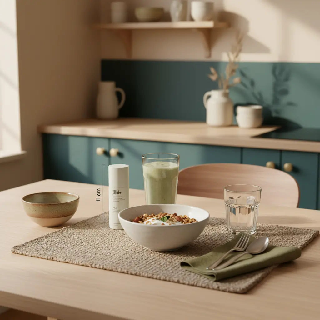 Minimalistisches veganes Frühstück mit Granola, pflanzlichem Joghurt, Nüssen und Shake auf nachhaltigem Tisch mit Woll- und Leinenakzenten in Vegardians-Farben, Produkt aus den Referenzfotos, Fett abzunehmen