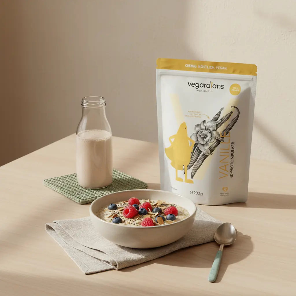 Minimalistische Frühstücksszene in europäischer Küche mit veganer Protein-Schale und Shake – bewusst nährend, Thema: Fett an Oberschenkeln reduzieren