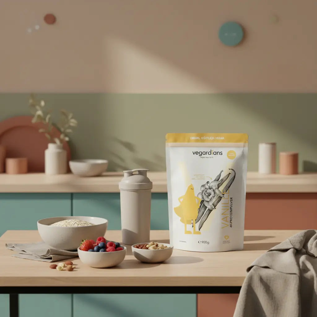 Minimalistisches Frühstück mit Haferflocken, Nüssen, Beeren und Vegardians-Produkt auf Holztisch im sanften Morgenlicht – Fett aus den Beinen