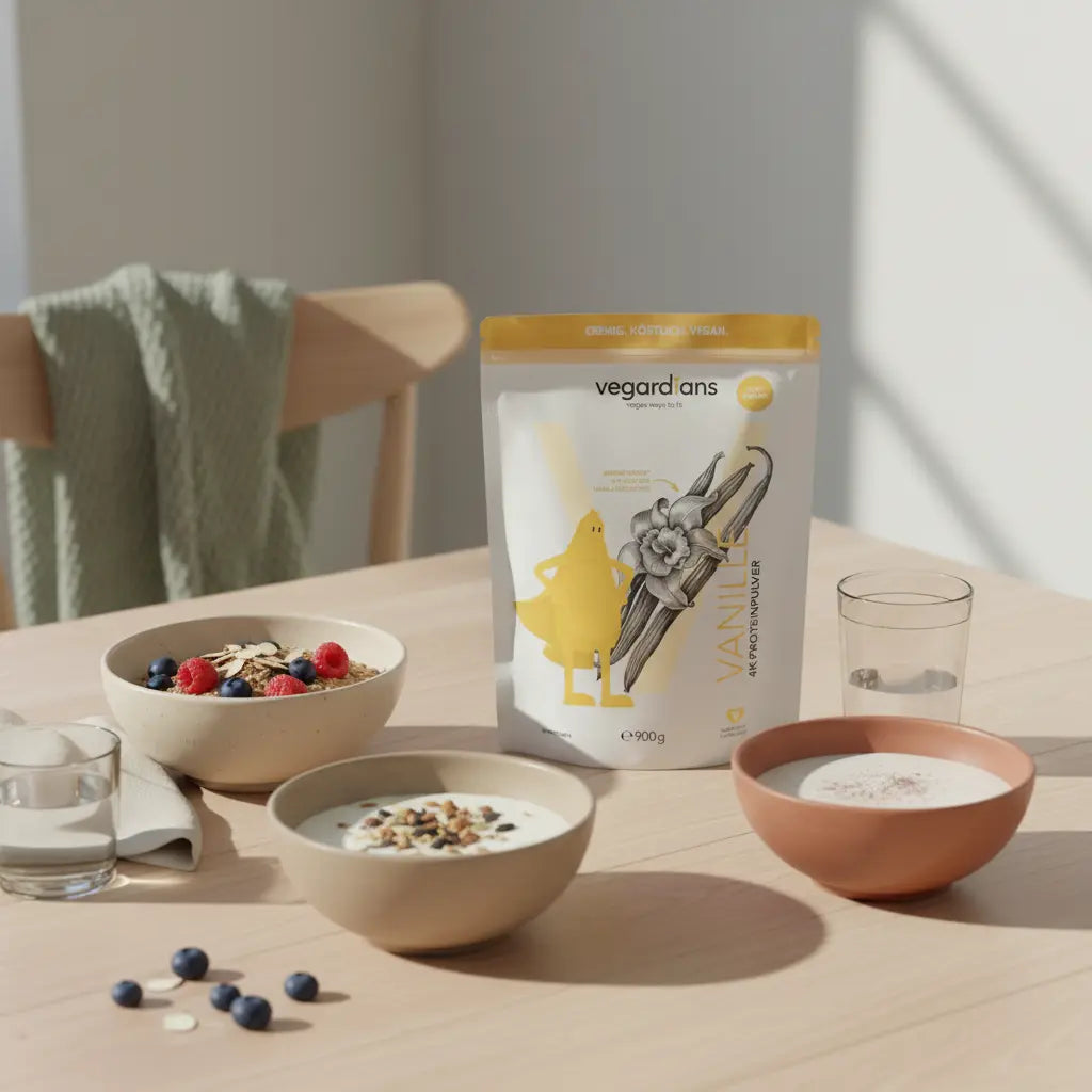 Vegardians Frühstücksszene: veganer Haferbrei mit Beeren, pflanzlicher Joghurt-Alternative, Nüsse und Proteinshake auf nachhaltigem Holztisch im sanften Morgenlicht – Fettabbau Diät