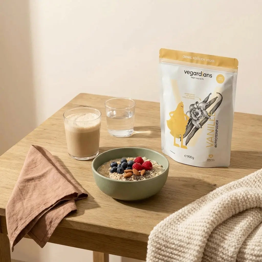 Minimalistische Morgen-Szene: vegane Haferbrei-Schüssel, Proteinshake und Vegardians-Produkt auf nachhaltigem Holztisch, natürliche Stimmung für Fettabbau.