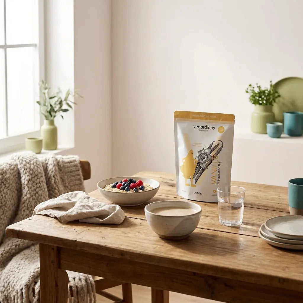 Morgenszene mit fettarmer Ernährungsplan: nachhaltiger Holztisch, pflanzenbasierte Frühstücksbowl (Hafer, Beeren, pflanzlicher Shake), Wasserglas, Leinenserviette und dezente Wolltexturen.