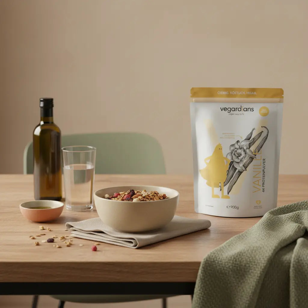 Minimalistisches Frühstück auf Holztisch mit Müsli, Glas Wasser und Olivenöl in ruhiger Morgenstimmung – Fette gegen Bauchfett