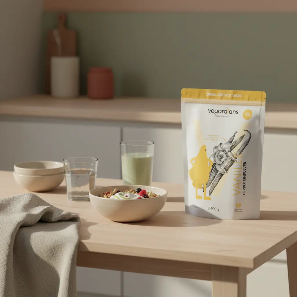 Minimalistische Morgenmahlzeit mit Müsli, pflanzlichem Joghurt, Nüssen und Shake neben dem Produkt aus den Referenzfotos auf nachhaltigem Tisch – fettverbrennung frau steigern