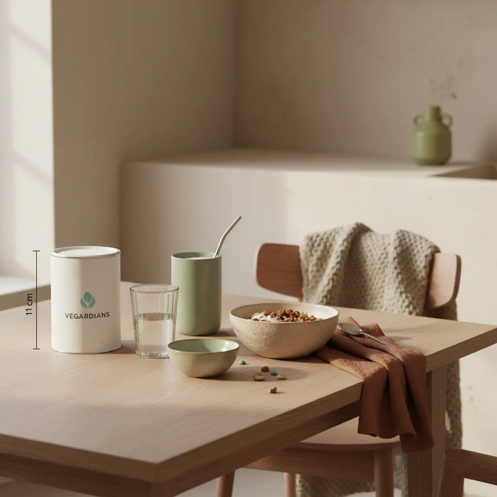 Minimalistisches, nachhaltiges Frühstück mit Granola, pflanzlichem Joghurt, Nüssen und Shake in ruhiger Morgenküche – Thema Fettverbrennung.