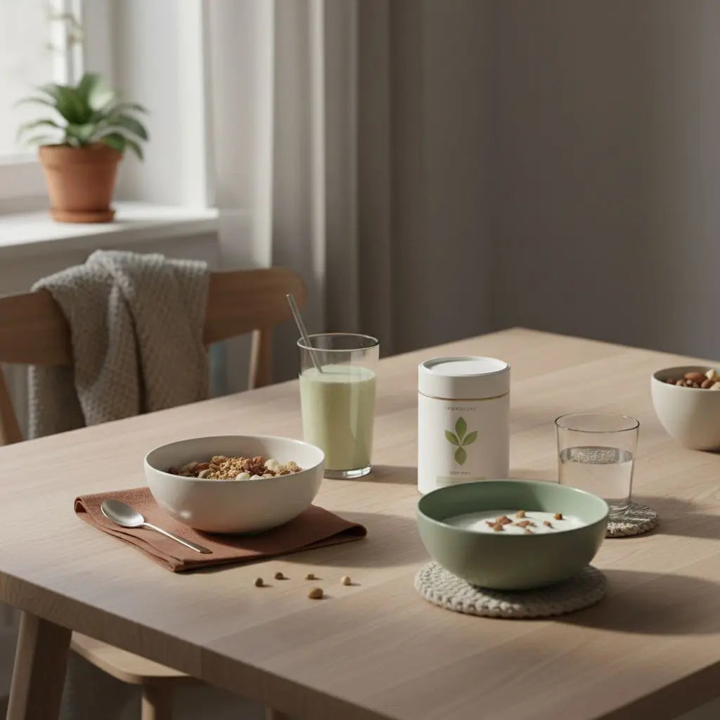 Minimalistisches veganes Frühstück mit Granola, Joghurt, Nüssen und Shake in heller europäischer Küche – bewusstes Setting zum fettverbrennung steigern.