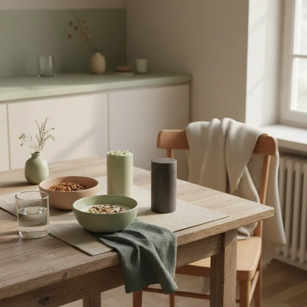 Minimalistisches veganes Frühstück in europäischer Küche bei Morgenlicht mit Granola, pflanzlichem Joghurt, Nüssen und Shake auf nachhaltigem Tisch — fettverbrennung steigern