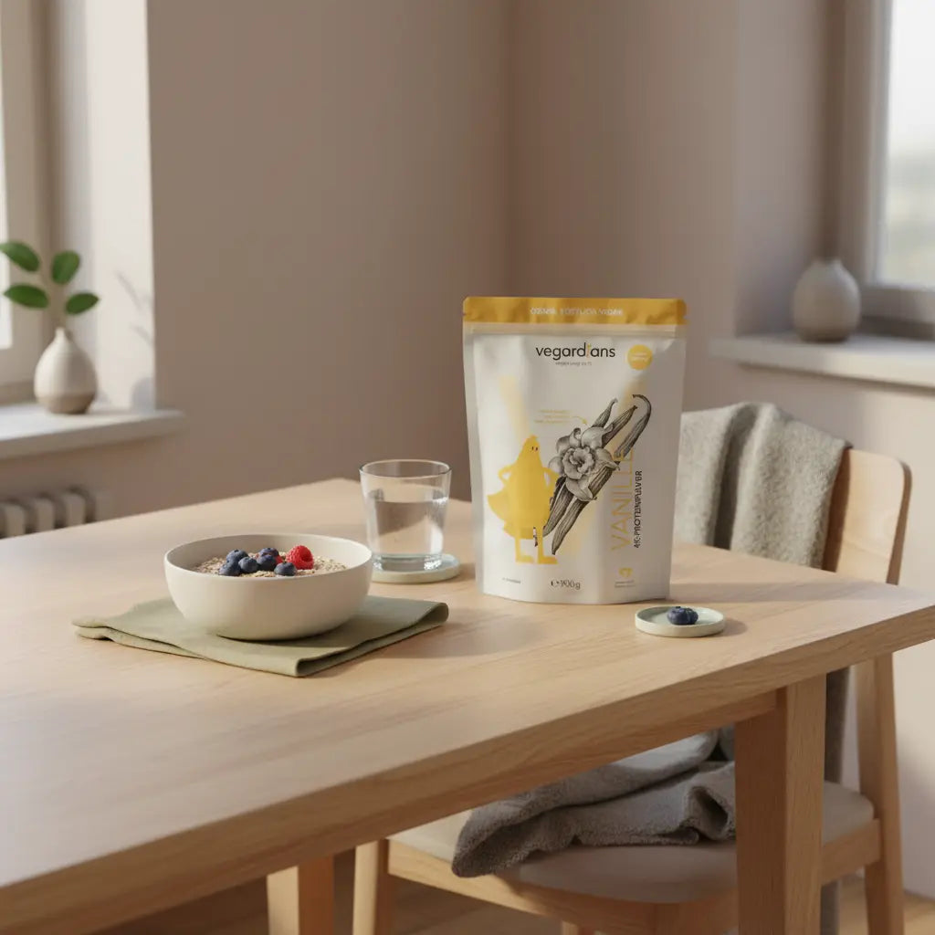 Minimalistische Küchenaufnahme mit nachhaltigem Holztisch, Haferflocken mit Beeren, Wasserglas und geschlossenem Produkt (Fettverbrennungskapseln) in ruhiger Morgenstimmung.