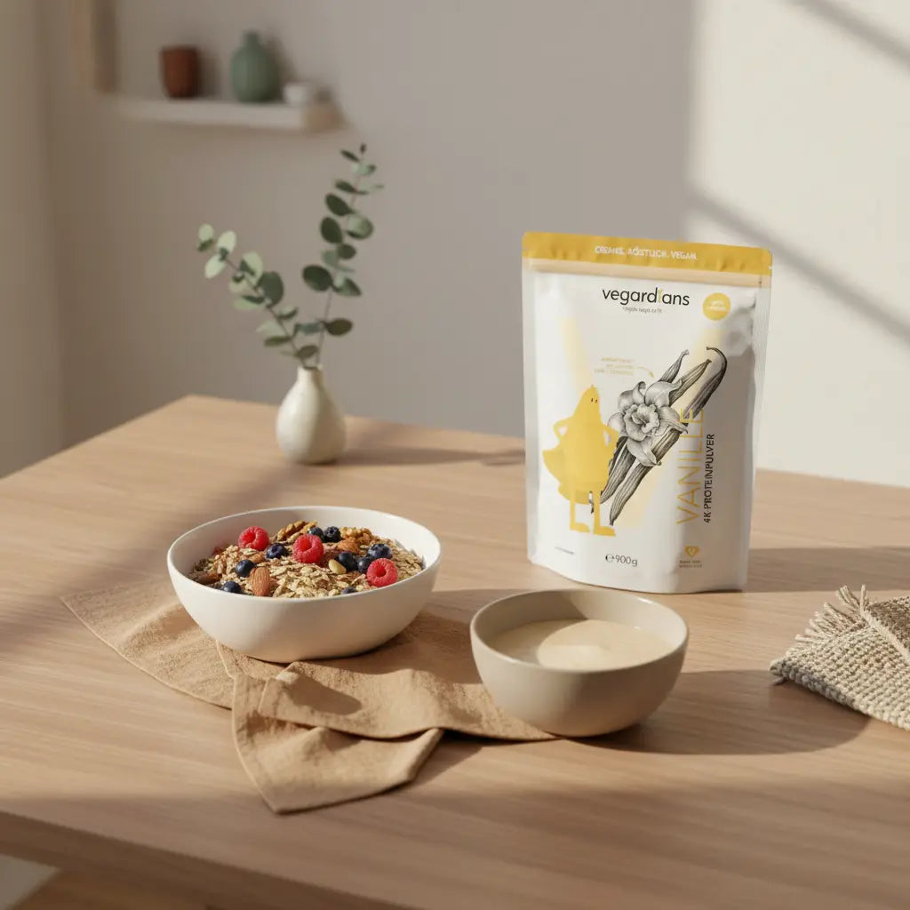 Minimalistische europäische Küche im Morgenlicht: Holztisch mit veganer Protein-Schale und neutralem Proteinshake, natürliche Materialien, Fokus auf Fettverlust in 2 Wochen