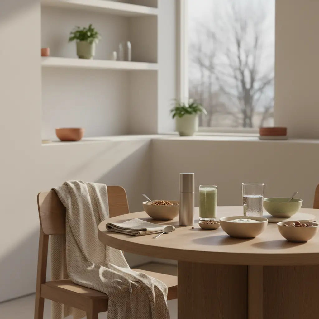 Vegardians Frühstückstisch mit Granola, Joghurt, Nüssen und Shake in sanftem Morgenlicht auf nachhaltigem Setting – fischöl wirkung im Kontext gesunder Ernährung