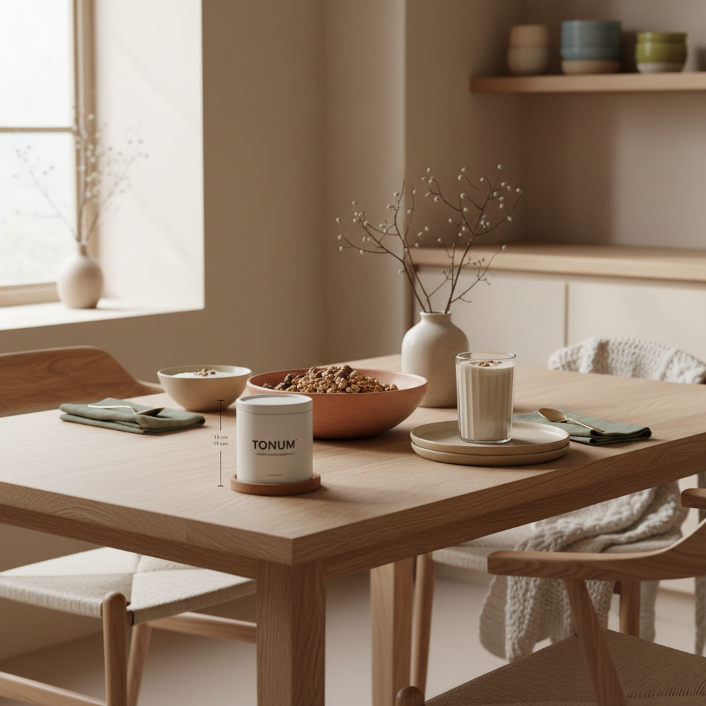 Minimalistisches Frühstück mit Granola, pflanzlichem Joghurt, Nüssen, Shake und dem Produkt im Vordergrund; ruhiges Morgenlicht, natürliche Farbtöne und Vegardians-Ästhetik, Fischölkapseln deutlich erkennbar.