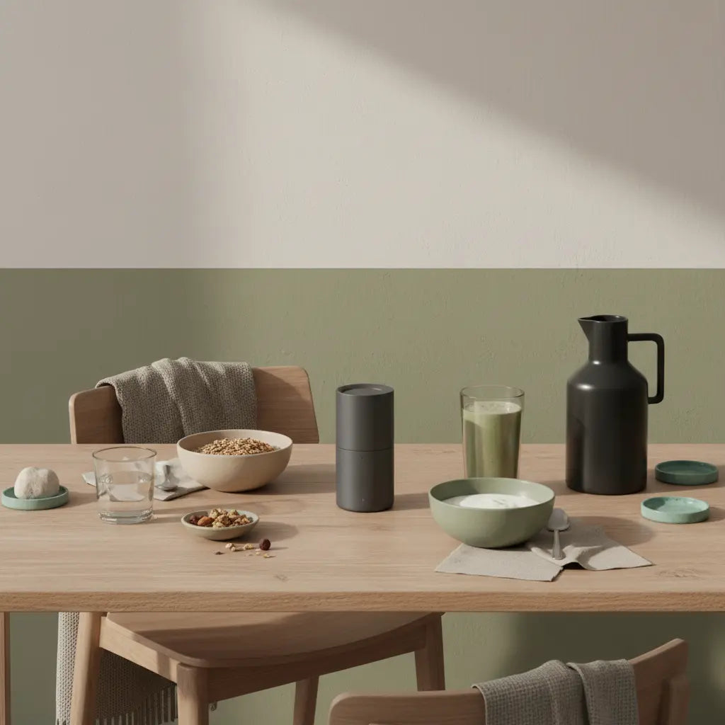 Minimalistisches Frühstück in europäischer Küche: Granola, Joghurt, Nüsse und Shake auf nachhaltig gedecktem Tisch mit Woll- und Leinenakzenten — fitness zitate