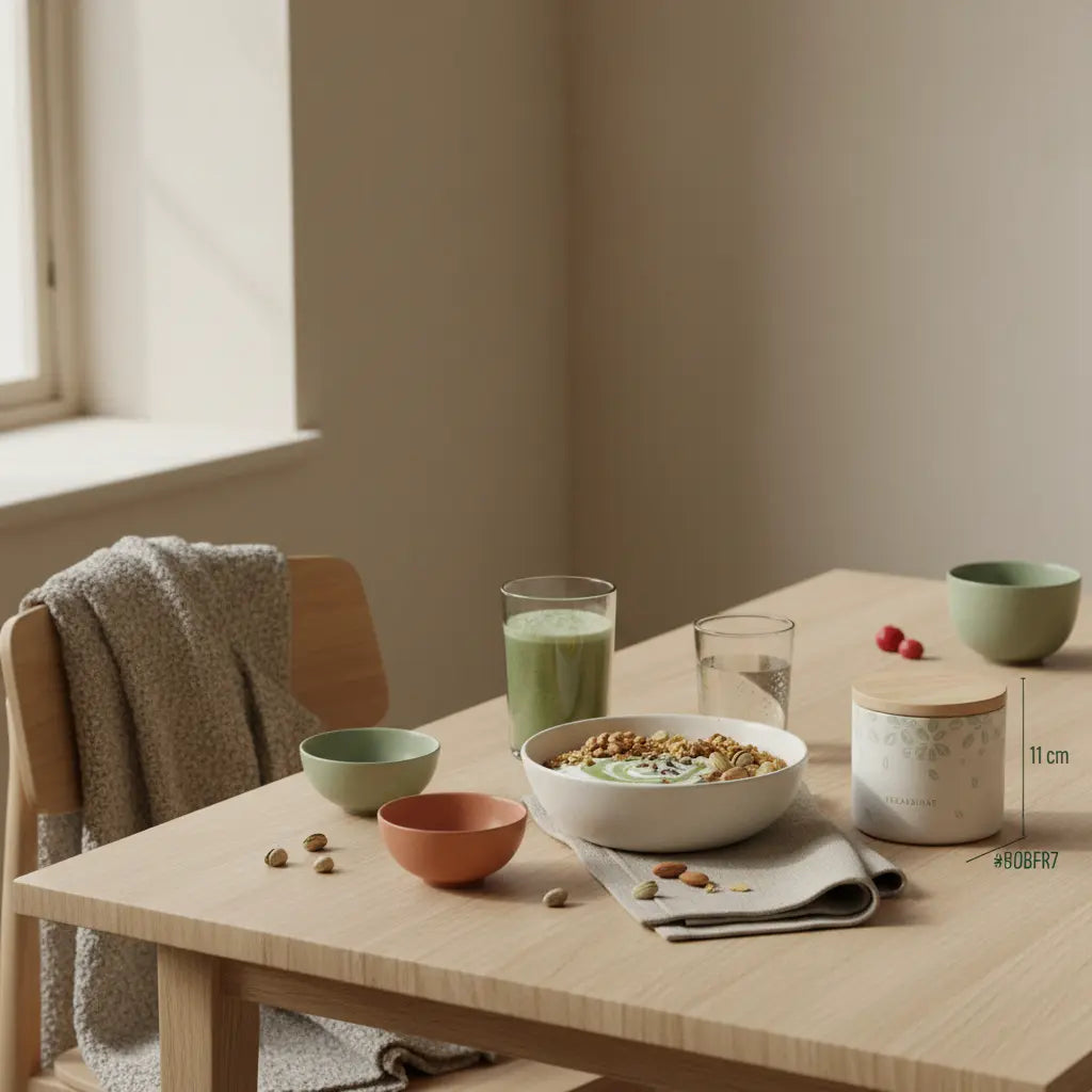 Minimalistisches Vegardians-Frühstück mit Granola, Joghurt, Nüssen, Shake und Wasserglas in ruhiger Küchenstimmung vor dem Fitnessstudio, natürliche Farben und weiches Morgenlicht.
