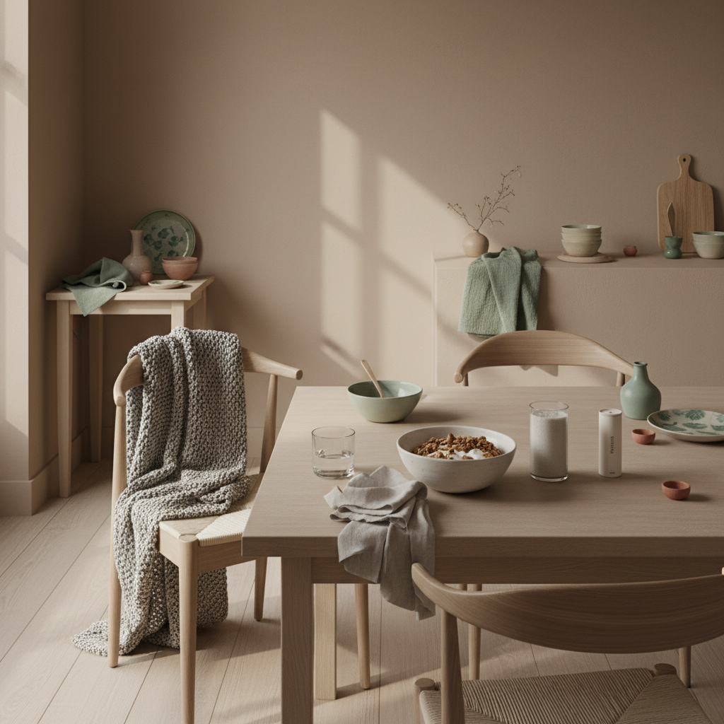 Minimalistischer Frühstückstisch mit veganer Granola, Joghurt, Nüssen und Shake in einer europäischen Küche im Morgenlicht — passend für Fitnessstudio für Anfänger.